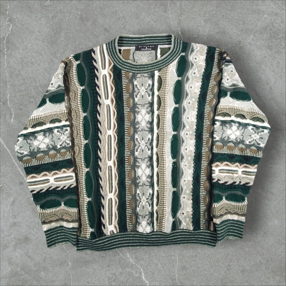 Protege Collection Sweater Mens L Green 3D Textured Knit Retro Vintage Coogi